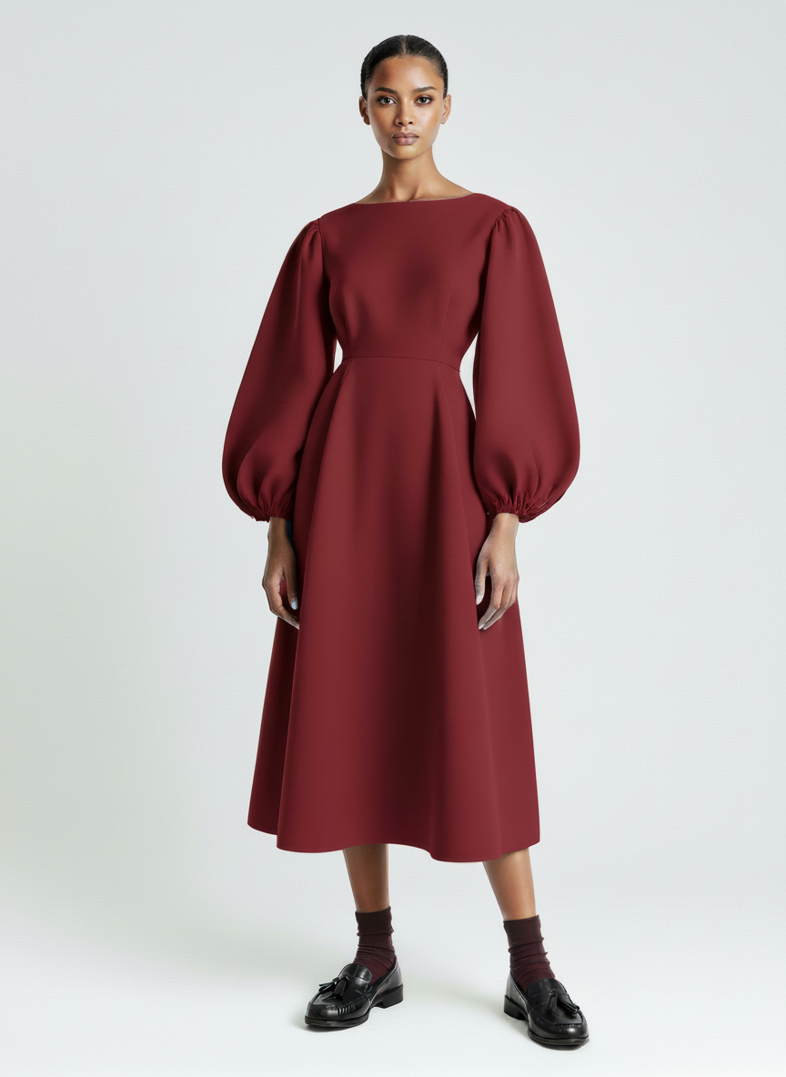 Balloon Sleeve Fit Flare Dress