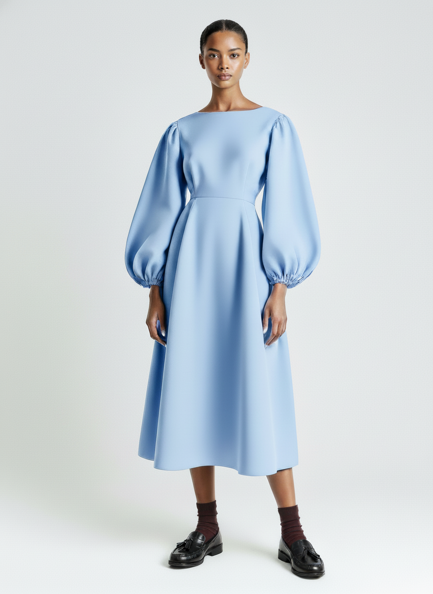 Balloon Sleeve Fit Flare Dress