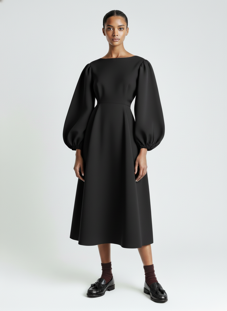Balloon Sleeve Fit Flare Dress