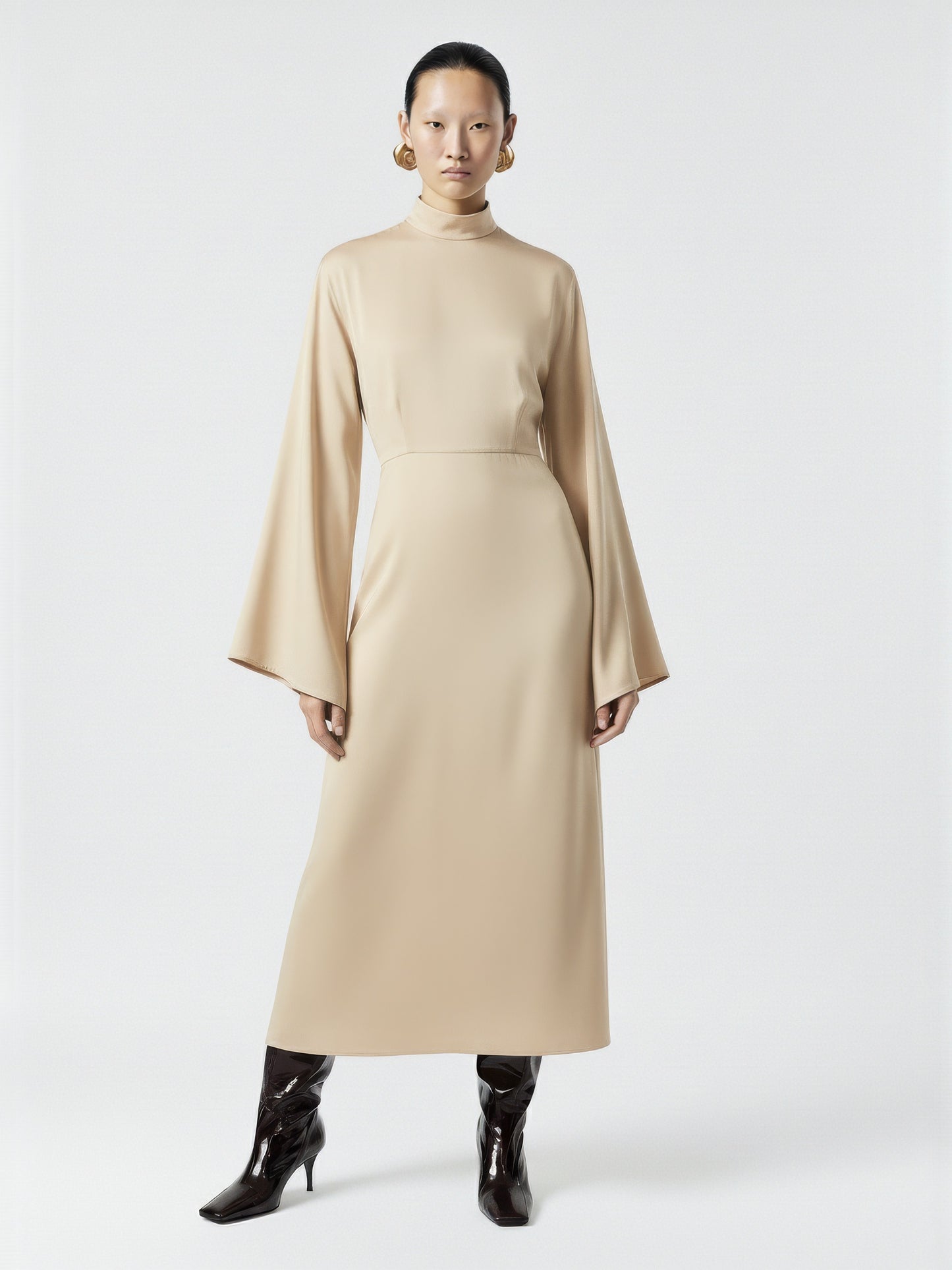 High Collar Flared Sleeve Dress