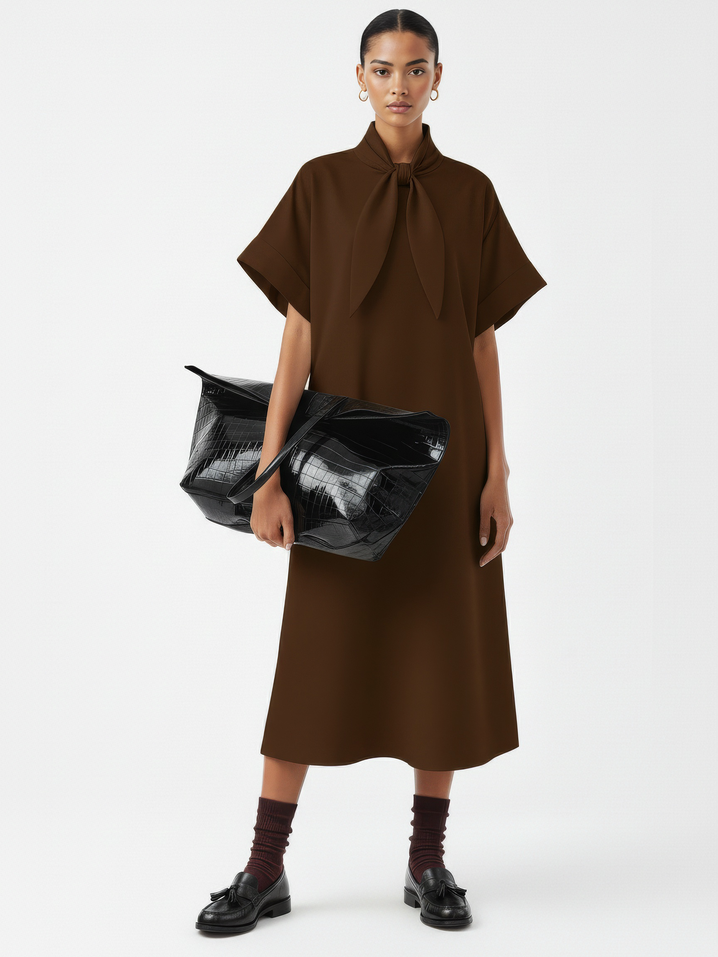 Triangle-Neck Scarf Midi Dress