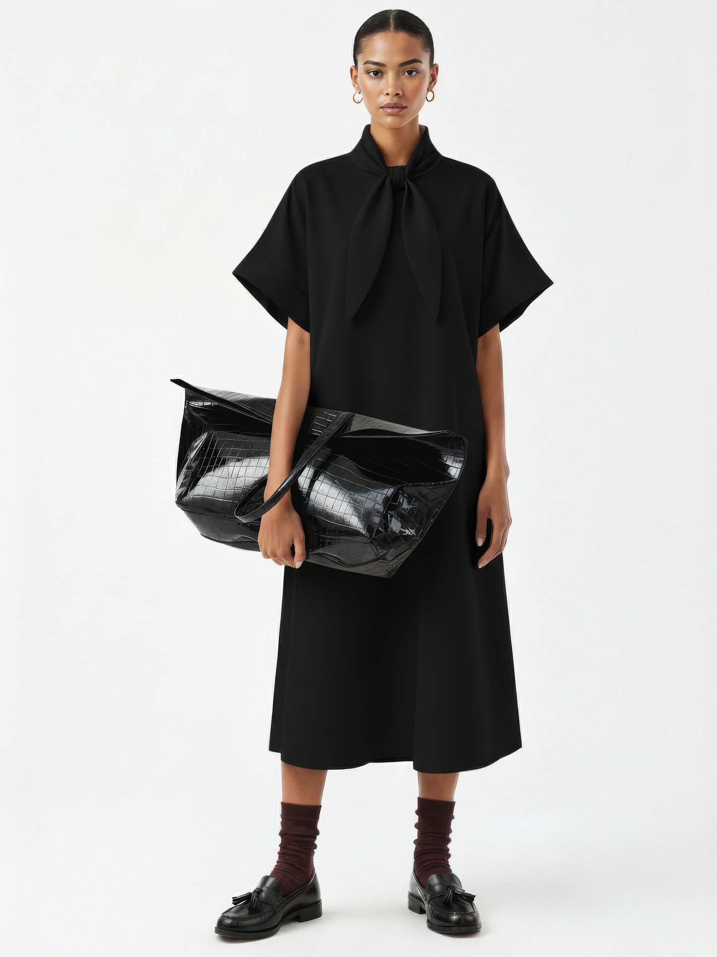 Triangle-Neck Scarf Midi Dress