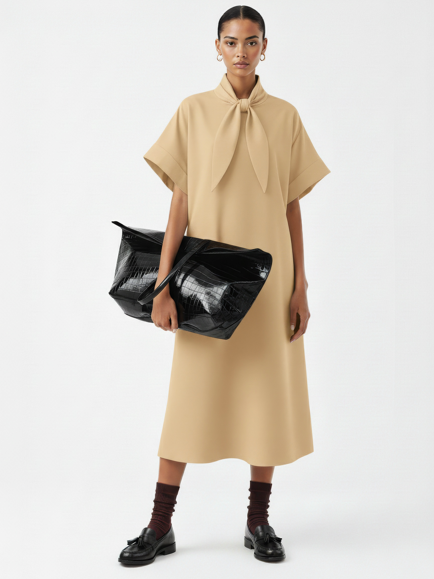 Triangle-Neck Scarf Midi Dress